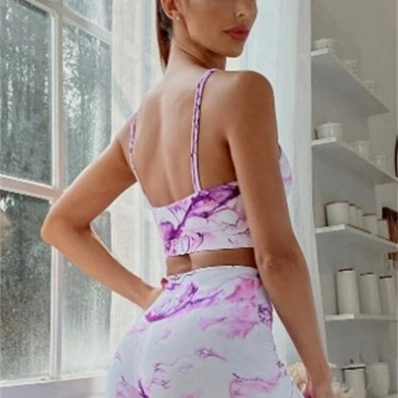 NWT 2 Piece Seamless Yoga Set 7/8 Legging and Bralette Lavender and White Small - Picture 3 of 8